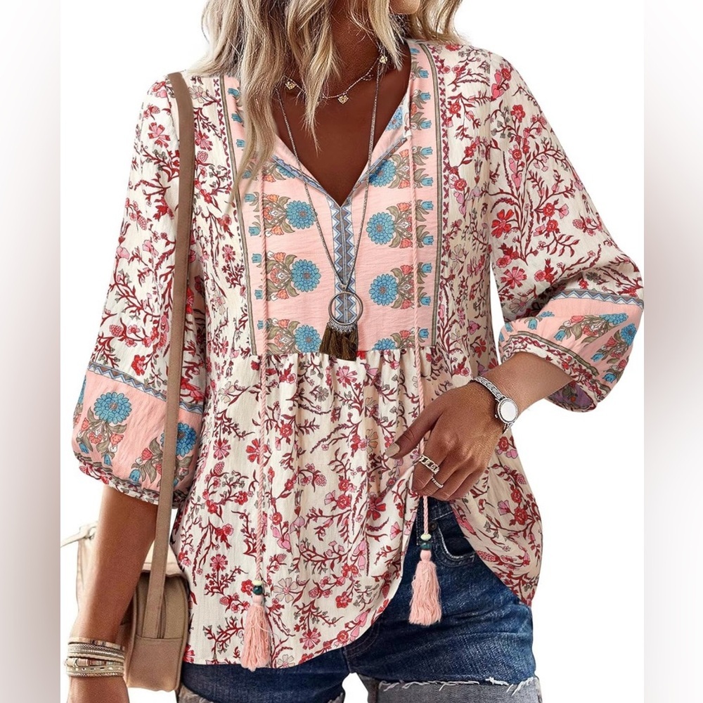 Boho Western Floral Blouse Coral Pink Tassel Peasant Top XL